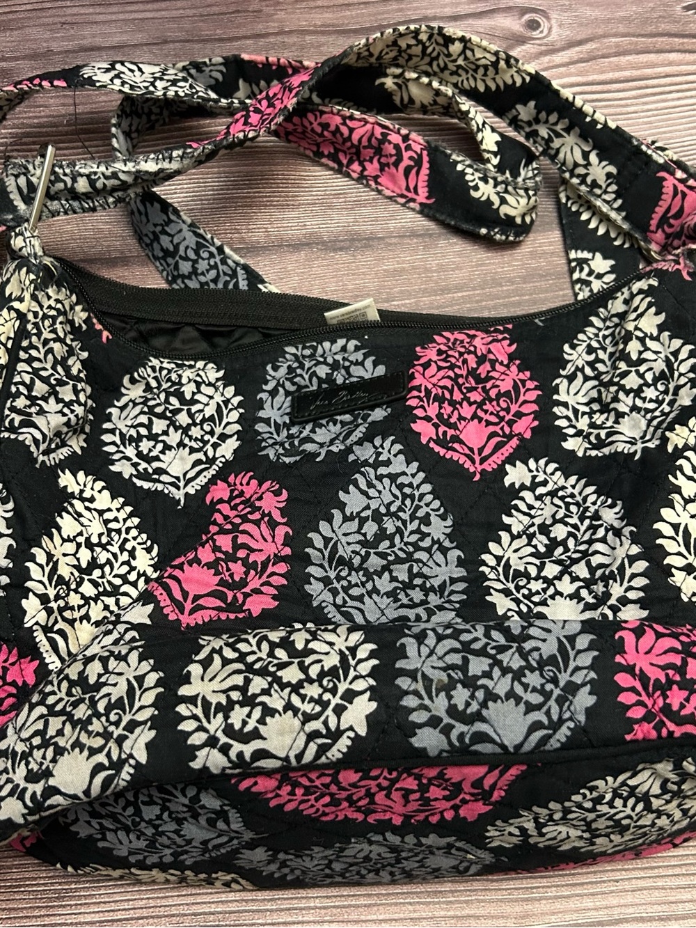 Vera Bradley Black Crossbody with Pink and Gray Floral Medallions